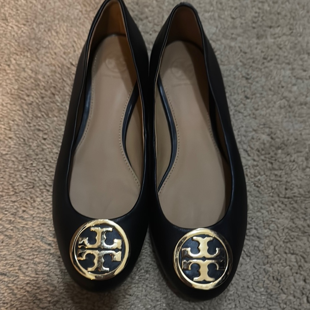 Tory Burch Black Flats with Gold Emblem